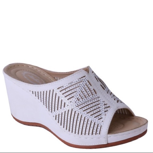 Italina White Rhinestone Embellished Comfort Padded Platform Wedge Sandal - Picture 1 of 7